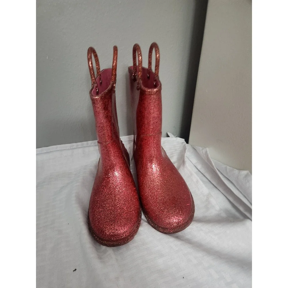 Western Chief Kids Pink Glitter PVC Rain Boots Waterproof Pull On Size 13/1